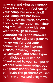 Spyware and viruses attempt new attacks and infections of your computer every day.If your computer has been infected by malware, spyware, a virus, or any other malicious program, let us provide you with thorough in-home computer virus and malware removal. Invasive programs is dangerous for everyone connected to the internet. Viruses, adware, Trojans, ransomware, and other types of malicious code can be downloaded to your computer without your knowledge; but our professionals can quickly eliminate the problems caused by these unwanted programs.